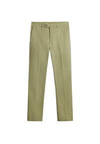 Ljust gröna byxor i slätt tyg, med knäppning, två framfickor och rak benpassform.