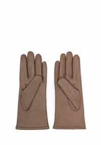 Brązowe skórzane rękawiczki o gładkiej fakturze, dopasowanym kroju i widocznym przeszyciu wzdłuż boków. Przedłużony mankiet dla dodatkowej ochrony.