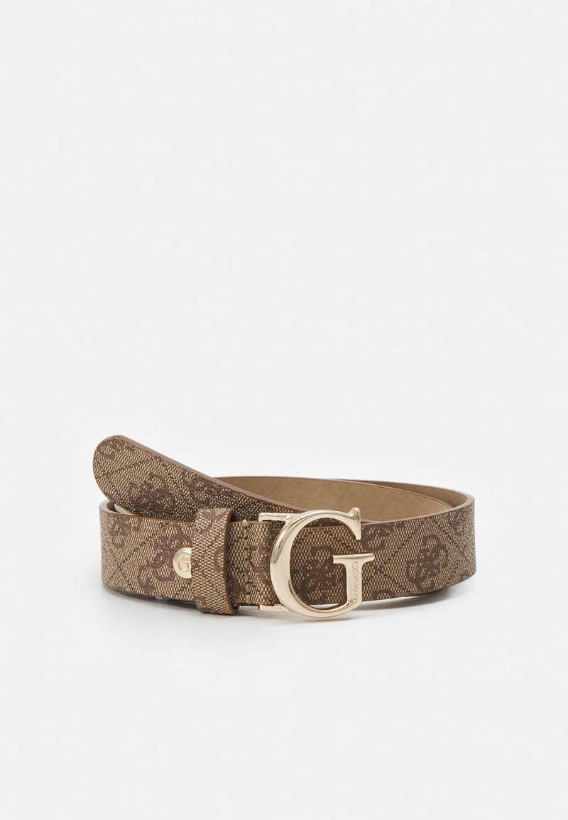 Bruine riem met een patroon, voorzien van een goudkleurige G-vormige gesp, gemaakt van een gestructureerd materiaal. De riem heeft een stevige pin en lus.