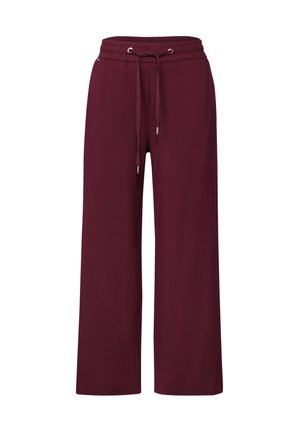 Pantalons larges bordeaux fabriqués dans un tissu doux. Dotés d'une taille élastique avec un cordon de serrage et des accents en métal.