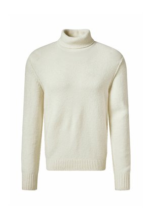 Pull en laine couleur crème avec col roulé, à manches longues et bords côtelés, présenté sur un fond blanc uni.