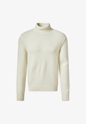 Cremfarbener Wollpullover mit Rollkragen, langen Ärmeln sowie gerippten Bündchen und Saum, auf einem schlichten weißen Hintergrund abgebildet.