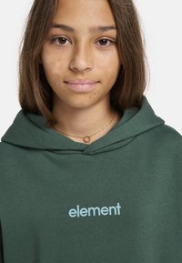 Mörkgrön hoodie med en mjuk textur och en framträdande ljusblå "element"-logotyp på bröstet. Utrustad med snörning i huvan.