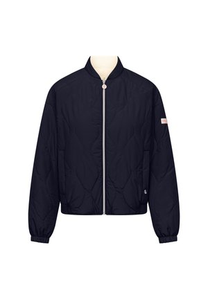 Zwarte lichtgewicht bomberjas met ritssluiting aan de voorkant, elastische manchetten en een klein embleem op de linkermouw, tentoongesteld op een paspop torso.