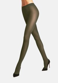 Collant verde oliva con finitura trasparente. Le gambe sono allungate, presentano una texture liscia e sono abbinate a tacchi alti neri.