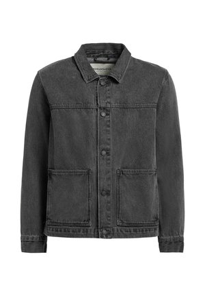 Geacă din denim negru cu închidere frontală cu nasturi, două buzunare mari în față și un guler clasic, afișată pe un fundal alb.