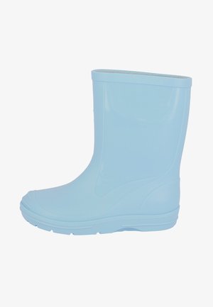 Lichtblauwe rubberen regenlaars met gestructureerde zool en tot halverwege de kuit, zijaanzicht op een witte achtergrond.