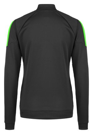 Zwarte sportjack met lange mouwen, hoge kraag en groene accenten op de schouders. Gladde textuur met elastische manchetten en zoom.