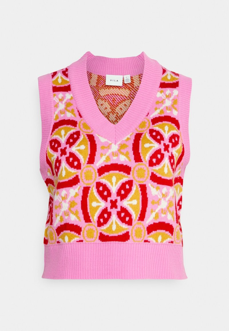 Ärmelloser rosa Strickpullover mit floralen und geometrischen Mustern in Rot, Gelb und Weiß. Mit V-Ausschnitt und geripptem Saum.