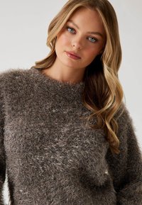 Maglione morbido e marrone con scollatura rotonda e una texture soffice. Presenta sottili fili metallici per un aspetto leggero.