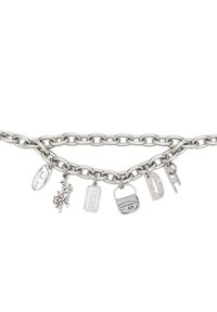 Silver metal chain bracelet with various charms including a car, "DIESEL" tag, and initials. Smooth texture with a polished finish.