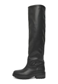 Stivali in pelle nera al ginocchio con superficie liscia, punta rotonda e suola robusta. Presentano un design semplice e un gambale dritto.