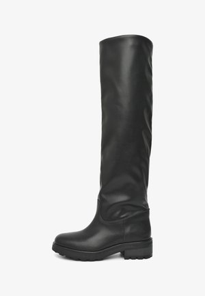 Knee-high black leather boots with a smooth surface, rounded toe, and rugged sole. Features a simple design and straight shaft.