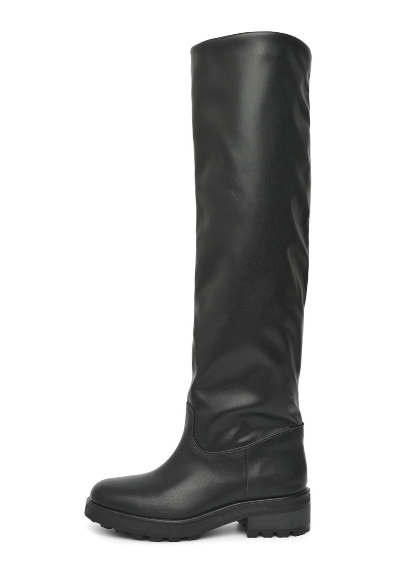 Stivali in pelle nera al ginocchio con superficie liscia, punta rotonda e suola robusta. Presentano un design semplice e un gambale dritto.