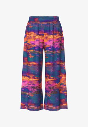 Colorful wide-leg pants with an elastic waistband, featuring a vibrant abstract pattern of pink, orange, blue, and purple shades.