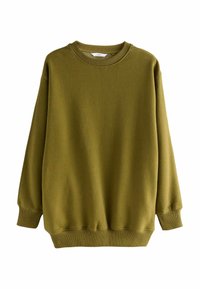 Oliven grøn, langærmet crewneck sweatshirt med ribbede mansjetter, kant og halsudskæring, præsenteret på en hvid baggrund.