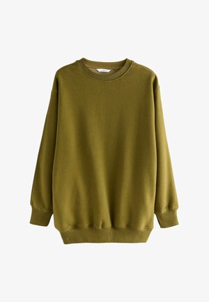 Felpa a maniche lunghe color verde oliva, con collo rotondo e polsini, orlo e scollatura a coste, presentata su sfondo bianco.
