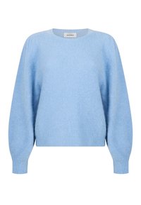 Lichtblauwe fuzzy trui met lange pofmouwen en geribbelde manchetten, met een ronde halslijn en een rechte zoom.