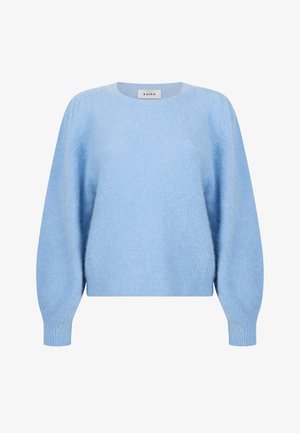 Hellblaues, flauschiges Sweatshirt mit langen, puffartigen Ärmeln und gerippten Bündchen, das einen runden Halsausschnitt und einen geraden Saum hat.