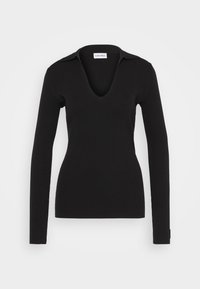 Black ribbed long-sleeve top with a deep V-neck and collar. Features a fitted silhouette and minimal branding at the hem.