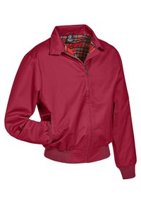 Veste zippée rouge avec un intérieur à carreaux. Présente un col, des poignets élastiques et des poches latérales. Fabriquée en tissu lisse et léger.