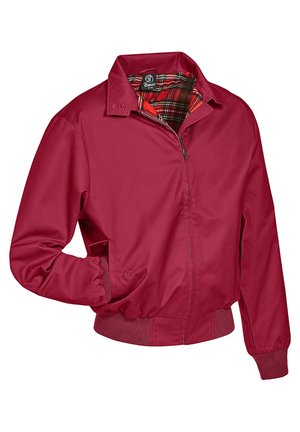 Chaqueta roja con cremallera y forro de cuadros. Cuenta con un cuello, puños elásticos y bolsillos laterales. Fabricada con una tela suave y ligera.