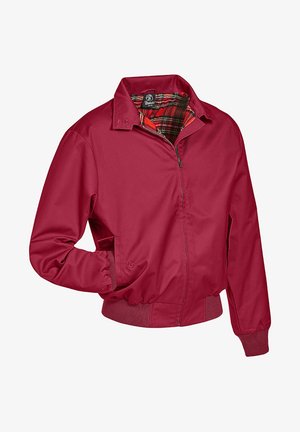 Červená zipová bunda s károvanou podšívkou. Má golier, elastické manžety a bočné vrecká. Vyrobená z hladkého, ľahkého materiálu.