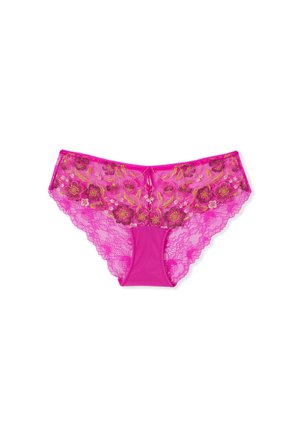 Pink lace women's underwear with floral embroidery and scalloped edges, laid flat on a white background.