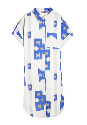 Koszula z krótkim rękawem zapinana na guziki, wykonana z lekkiego materiału. Posiada odważne niebiesko-złote abstrakcyjne wzory na białym tle. Klasyczny krój kołnierzyka.