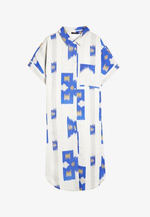 Koszula z krótkim rękawem zapinana na guziki, wykonana z lekkiego materiału. Posiada odważne niebiesko-złote abstrakcyjne wzory na białym tle. Klasyczny krój kołnierzyka.