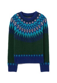 Maglione lavorato a maglia di colore verde scuro con un motivo fair isle blu e turchese. Presenta un girocollo e maniche lunghe. Texture morbida.