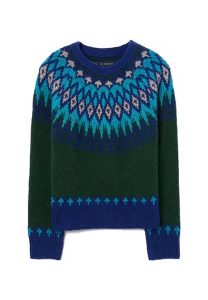 Pull en tricot de couleur vert foncé avec un motif fair isle bleu et turquoise. Il présente un col rond et des manches longues. Texture douce.