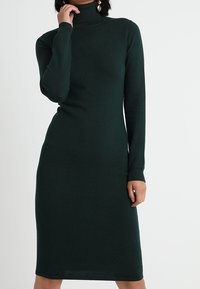 Robe en tricot à col roulé vert foncé avec des manches longues, silhouette ajustée et ourlet au genou. Texture lisse, poignets côtelés.