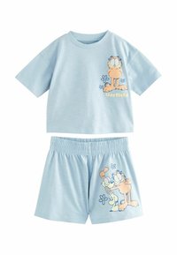 Blå bomulds pyjamas sæt med korte ærmer, der har Garfield grafikker, herunder blomster, med elastisk talje og et afslappet pasform design.