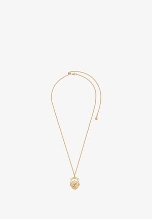 Zlatý náhrdelník s jemným retiazkou, ktorý je ozdobený oválnym príveskom s vyraženým písmenom a dekoračnými akcentmi.