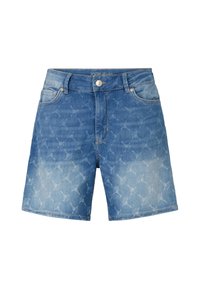 Jeanshorts i ljusblått med en urtvättad look, med ett diskret mönster över hela, och femfickorsdesign, säkrade med en knapp stängning fram.