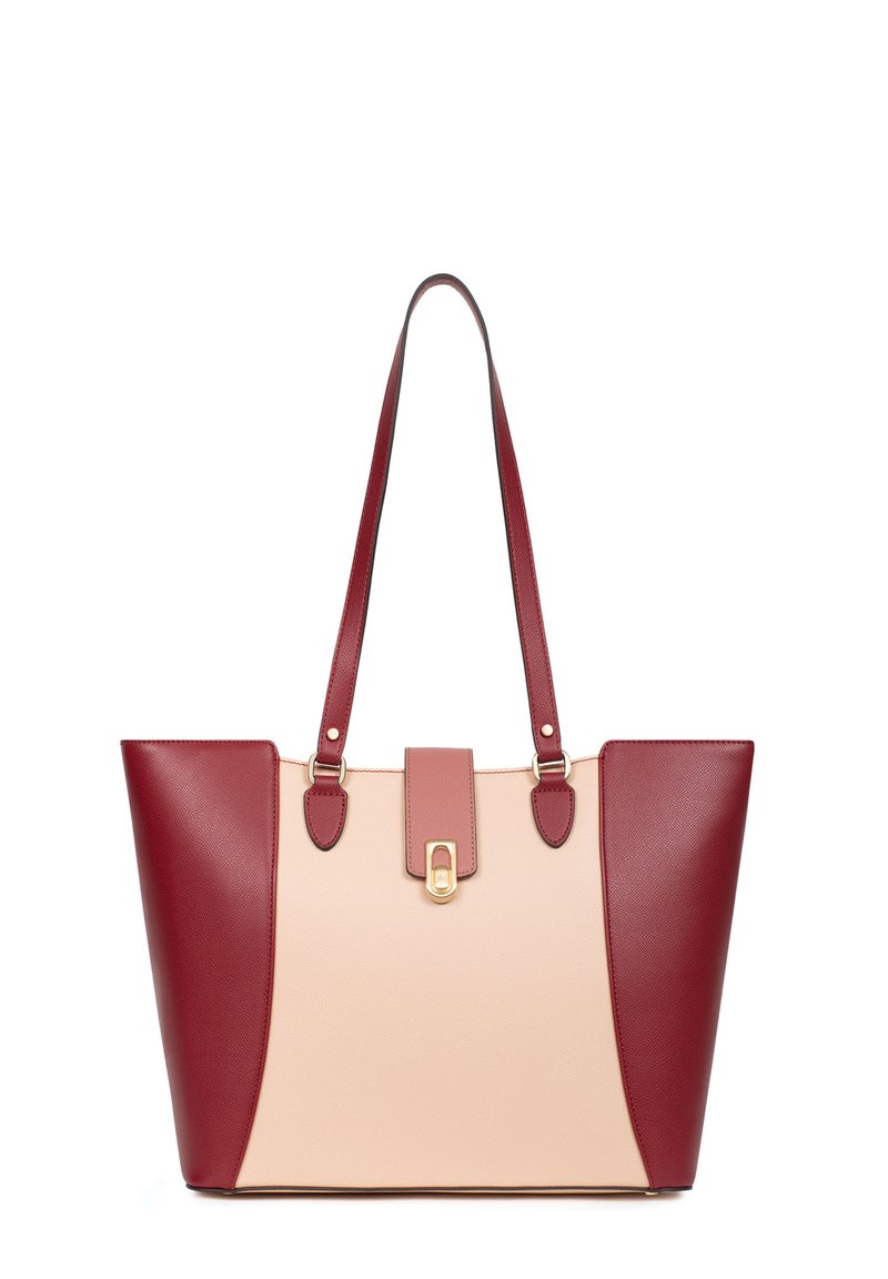 Borsa a tracolla con un design strutturato; realizzata in pelle sintetica bordeaux e beige, con una chiusura dorata e doppi manici.