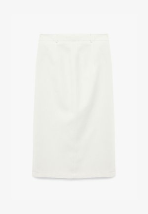 Falda blanca de longitud a la rodilla, hecha de un tejido suave. Presenta una forma recta, cremallera oculta y costuras laterales sutiles para un acabado limpio.