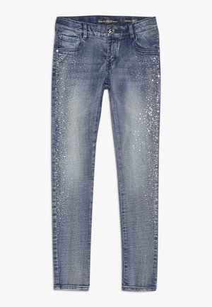 Skinny Fit blaue Denim-Jeans mit verwaschenem Look und verstreuten silbernen Strasssteinen an den vorderen Seiten, mit vorderem Knopf und Taschen.