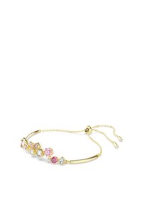 Goldarmband mit einem gebogenen Stangendesign und acht mehrfarbigen Steinen, darunter rosa und klare, die in runden Fassungen gesetzt sind.