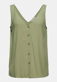 Blouse sans manches vert olive avec col en V et cinq boutons marron sur le devant.