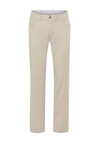 Beige cotton trousers with a straight-leg design. Features five pockets, a front button closure, and a patterned interior waistband.