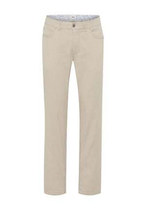 Beige cotton trousers with a straight-leg design. Features five pockets, a front button closure, and a patterned interior waistband.