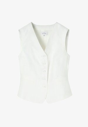 Bijeli laneni prsluk s V-izrezom, s šest gumba sprijeda i dva bočna džepa. Glatka tekstura, prilagođen kroj, bez rukava.