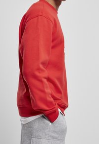 Felpa rossa con polsini e orlo a coste, realizzata in tessuto morbido. La vista laterale mostra un dettaglio del logo bianco sul petto e strati di tessuto sottostanti.