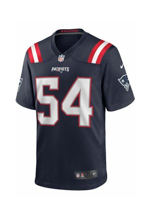 Maglia NFL blu navale con il numero 54 bianco, accenti a strisce rosse e bianche sulle spalle e il testo "PATRIOTS". Logo Nike sull'orlo.