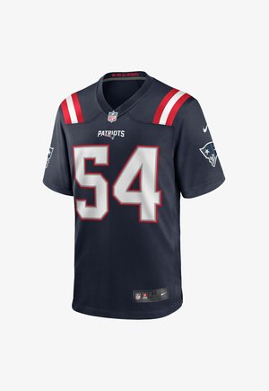 Maglia NFL blu navale con il numero 54 bianco, accenti a strisce rosse e bianche sulle spalle e il testo "PATRIOTS". Logo Nike sull'orlo.
