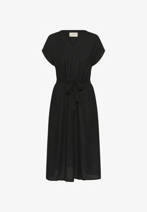 Schwarzes, knielanges Kleid aus Leinen mit V-Ausschnitt, kurzen Ärmeln und einem gebundenen Taillengürtel. Verfügt über subtile Knopfdetails an der Vorderseite.