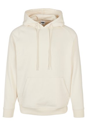 Cremefarbene Kapuzenjacke aus weichem Stoff mit Kängurutasche, verstellbarem Kapuzenband und gerippten Bündchen. Einfaches, lässiges Design mit lockerer Passform.