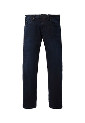 Mørkeblå denimjeans med lige ben, fem-lomme design og standard knaplukning. Glat tekstur med minimal slid.